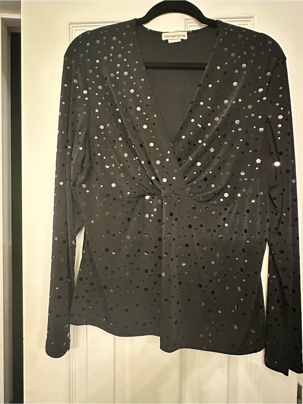 Notations Black Long-Sleeve V-Neck Sequin Top